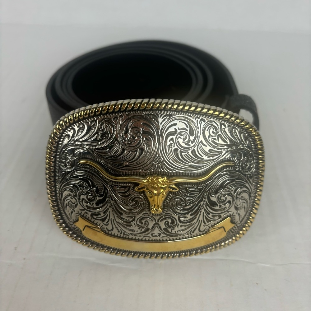 Mexico Western men’s leather belt with Longhorn silver/gold buckle-Men’s 34-36